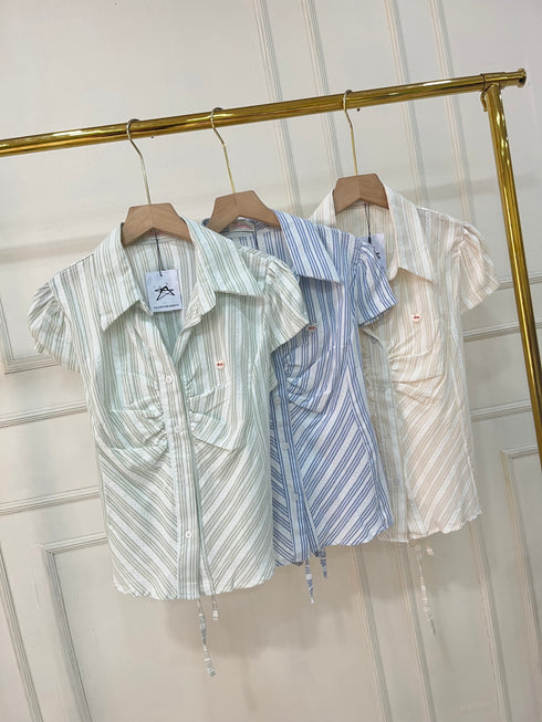 Puff Short Sleeves Collar Down Fitted Tops